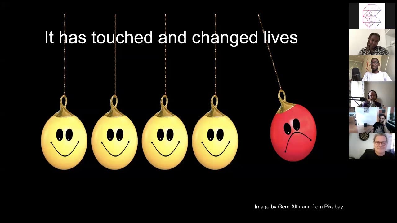 A slide reading It has touched and changed lives, with the virtual conference attendee tiles alongside