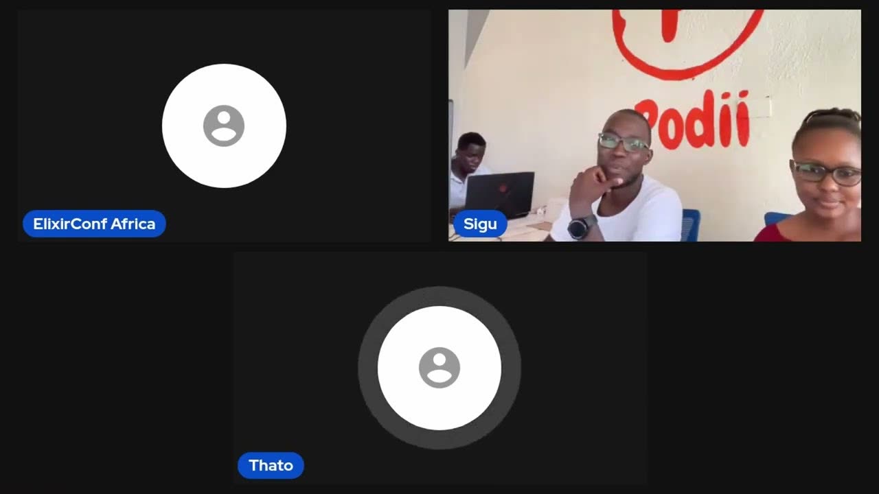 Sigu Magwa and Rachael Mwatela on the ElixirConf Africa 2022 call, with a Podii backdrop
